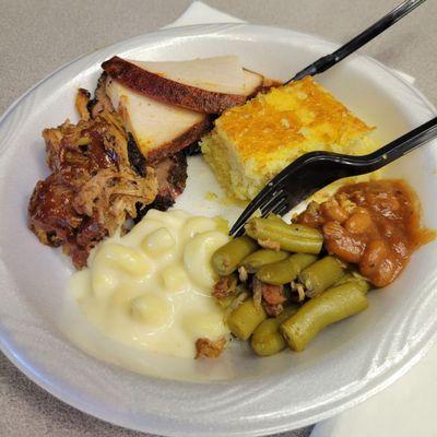 Catering. Pulled pork, brisket, turkey, cornbread,baked beans, green beans, mac & cheese