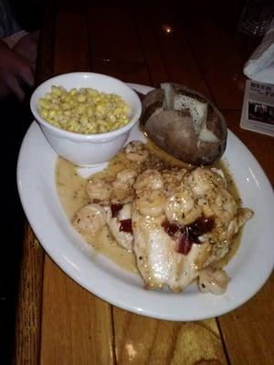 Bacon and Cheddar stuffed chicken breast with shrimp in a garlic butter wine sauce! Mmmm, delicious!