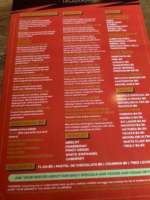 Back of menu