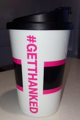 Free travel mug. BPA free, microwaveable, and top rack dishwasher safe.