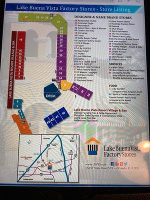 Map of Lake Buena Vista Factory Stores.  Levi's is (5) between Carter's for Kids (6) and World of Coffee (4).