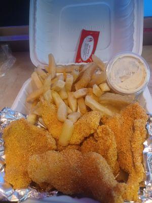 Southern Fried Catfish and French fries, served with homemade Tartar Sauce