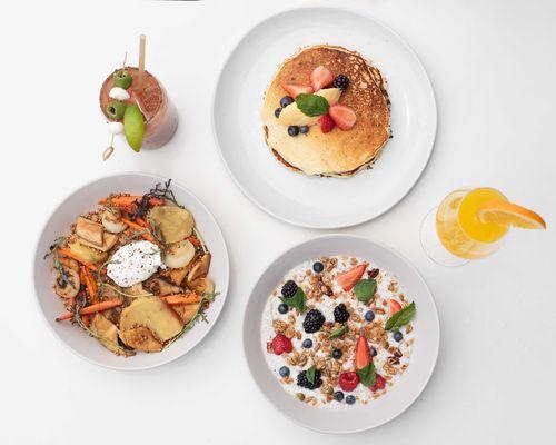 Lemon ricotta pancakes (upper right), Roasted vegetable and farro (left center), overnight coconut milk and chia pudding (lower right)