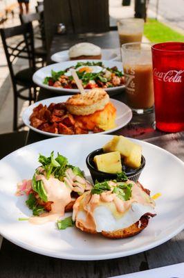 Front to back: The Hot Mess, Sausage Egg & Cheese w/ hash, Hodgepodge Hash, and Cinnamon Roll