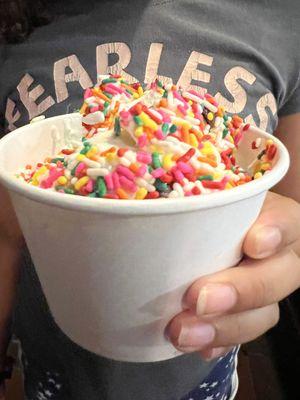 Medium size- half cotton candy, half cookie dough, rainbow sprinkles- a hit with my child!