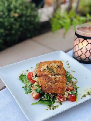 Seared halibut with cous-cous, baby spinach, toasted orzo, sweet tomatoes & lemon gremolata