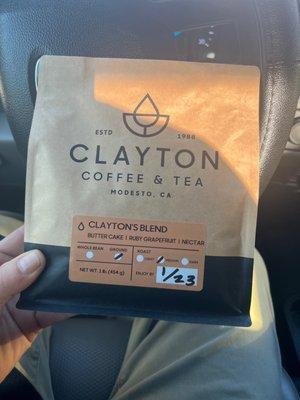 Clayton Blend  A low acid medium roast.  Course ground for a French press.  Delicious