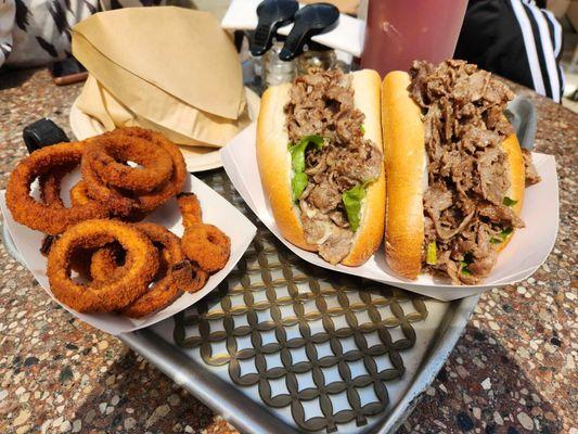 Cheese Steak (Cali Style - tomato, lettuce, onion, pickles, and mayo) with Onion Rings