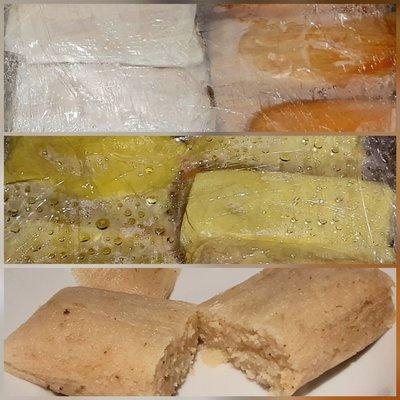 Get your fresh hot tamales here. Top: chicken, pork. Center: cheese with pepper. Bottom: Pineapple, lightly sweetened dessert. $19/dozen