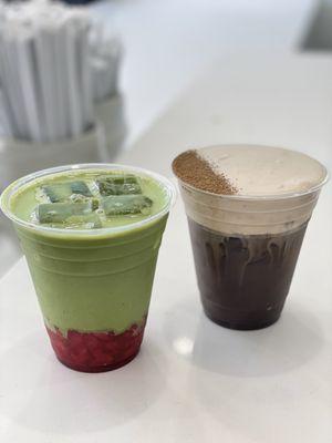 strawberry matcha latte and hojicha einspanner