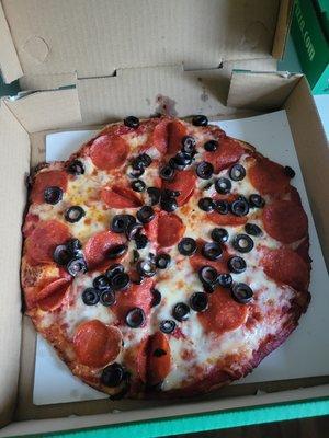 Pepperoni and black olive pizza