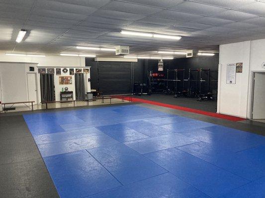 Large Mat space, changing room and workout equipment.