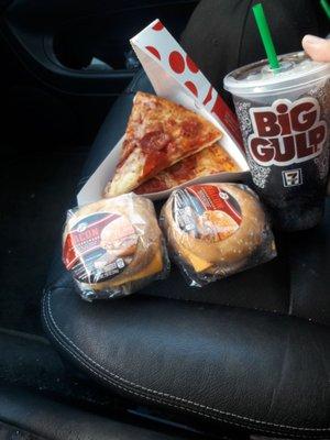 2 pizza slice, 2 bacon cheeseburgers and a big gulp for 7.97. Great deal...