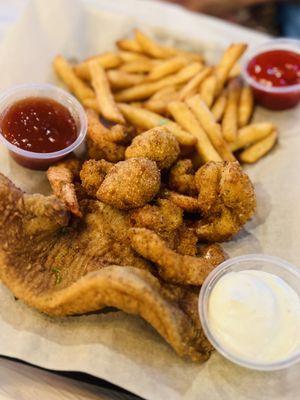 Mixed Fried Combo Platter; fried catfish, shrimp, hush puppies, and fries