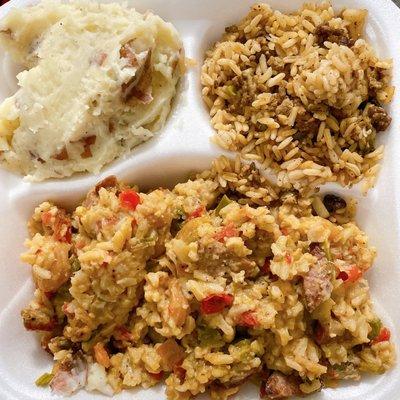 Jambalaya with Mashed Potatoes and Rice