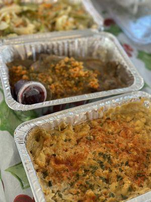 Cabbage, vegan turkey, and vegan Mac and cheese