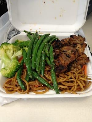 Grilled chicken, broccoli and carrots, green beans, over noddles