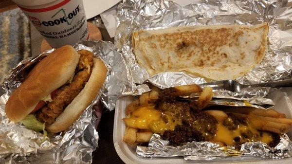 Spicy Chicken Sandwich, Cheese Quesadilla, Chili Cheese Fries