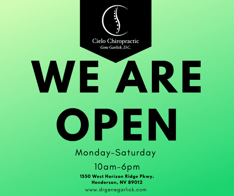 Cielo Chiropractic is open! COme get your hassle free adjustment today! No appointments necessary!