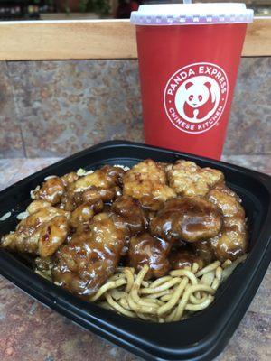 Orange chicken bowl & drink