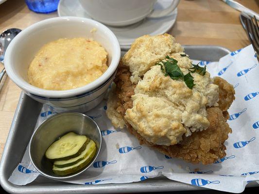 Chicken biscuit and pimento cheese grits.