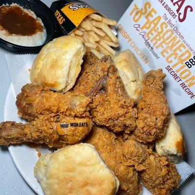 Fried Chicken with Biscuits, Mashed Potatoes, & French Fries