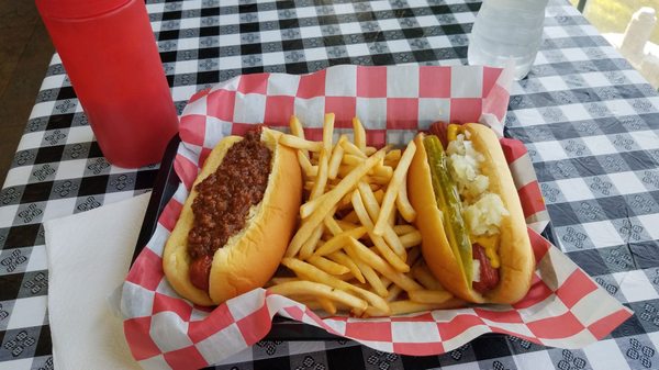 One with chili and one with the works (mustard, onion and pickle).   Very good and good fries too!