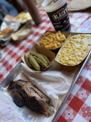 Beef Brisket with okra, creamed corn, and macaroni & cheese.