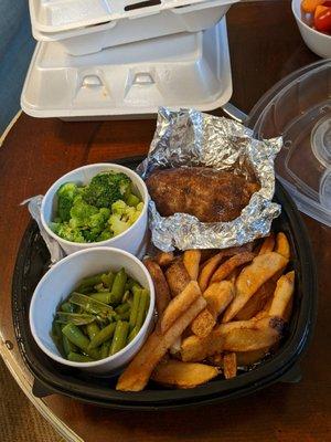 Country Vegetable Plate, $10.99. Shown with steamed broccoli, baked potato, steak fries, green beans