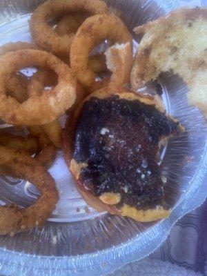 Burnt burger soggy wet onion rings