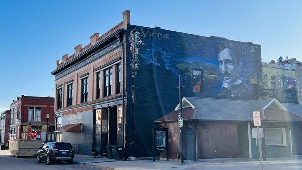 The Black Monarch view with mural of Nikola Tesla