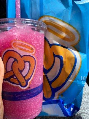 Dragon fruit slushee and Sweet Almond Pretzel