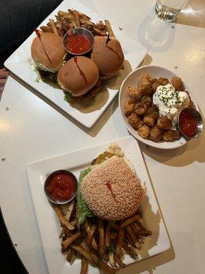 Cheeseburger, Mazel Tots,  Truffle fries,  Fried Chicken Sliders