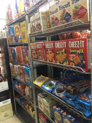 Cheez it's, crackers, Oreos, ... need I say more?  This place has a surprisingly large amount of options compared to what I expected.