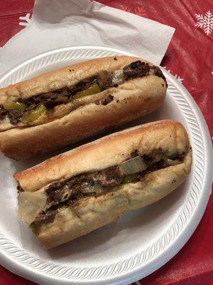 Cheese steak, extra cheese, fried onions & hot peppers!