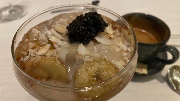 Banana Foster with caviar, too soupy and all the components are bit of a mess, 3/5