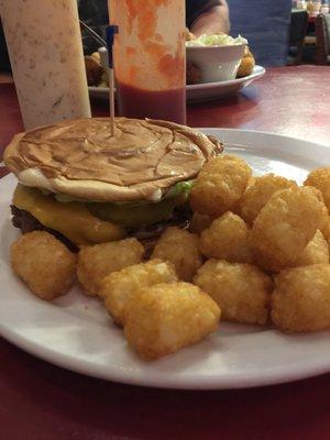 This is seriously how my cheeseburger was served tonight. Looks like someone sat on my bun. A squished burger and some tater tots for $9.99?