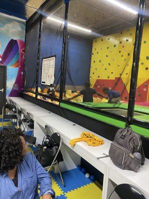 Foam pit and rock climbing wall