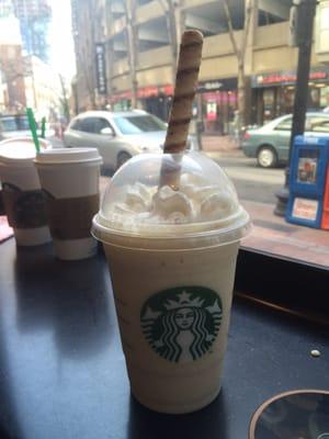 Banana frappucino (ask for vanilla bean frap with a banana blended in) and a frappucino cookie straw.