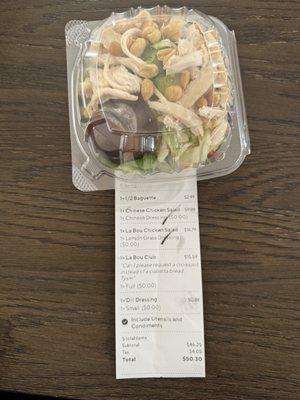 $9.99 (Half size) Chinese Chicken Salad ordered online.