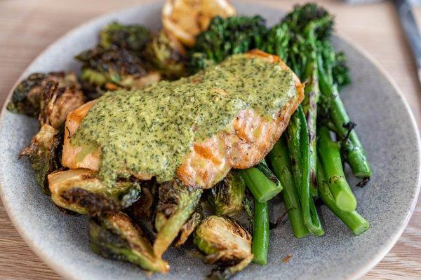 Salmon Fresh Catch w/ Chimichurri Sauce, Thai Brussels Sprouts & Miso-Butter Broccolini ($28)