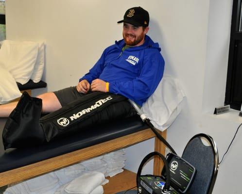 Normatec device for a patient with post-operative swelling.