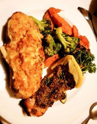 Twice baked potato with pistachio crusted salmon with seasonal veggies is phenomenal!