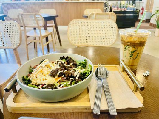 Korean Bulgogi bowl and dalgona latte.