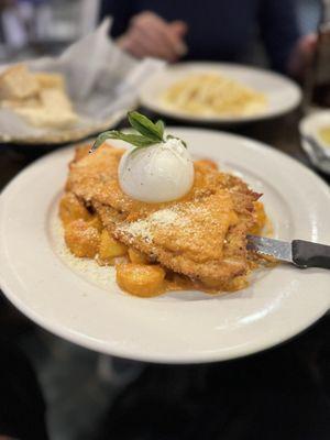 Chicken cutlet Gnocchi with Vodka and fresh mozzarella.