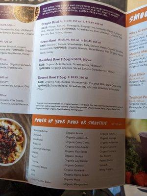 Acai bowl menu