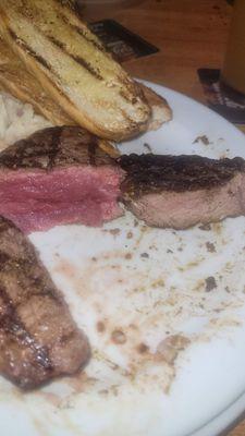 The stake on the left was cold in the middle, and the steak on the right was burnt to a crisp.