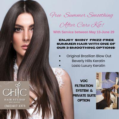 Shiny, Frizz-Free Summer Hair! Complimentary Care Kit May 12-June 29 w/ Brazilian Blow Out, Beverly Hills or Lasio Keratin 561-617-1373