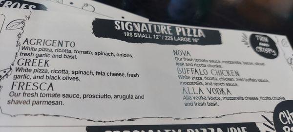 Signature pies menu!