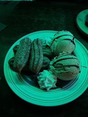 Churros with vanilla ice cream and a Peruvian ice cream